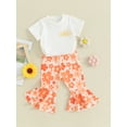 thumbnail image 3 of FEORJGP Kids Girls Summer 2 Piece Outfits 6M 1T 2T 3T 4T 5T Toddler Round Neck T-shirt Short Sleeve Shirt Back Letter Print Tops + Elastic Waist Flower Flare Pants Set Infant Loose Casual Cute Clothes, 3 of 9