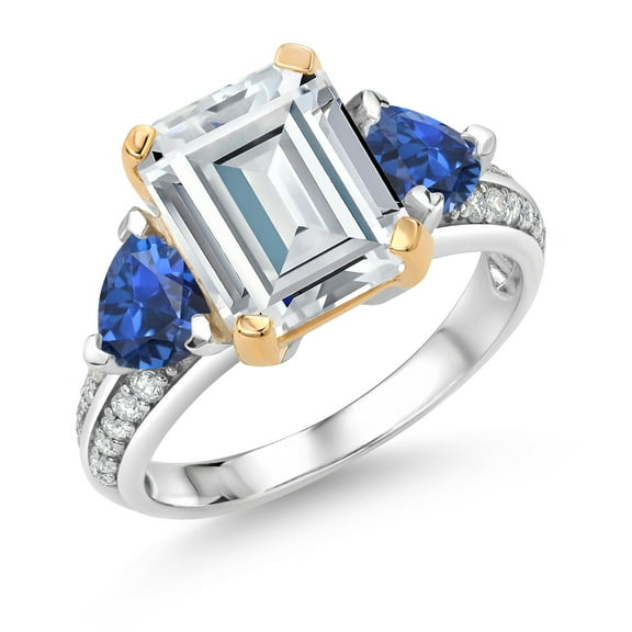 Gem Stone King 925 Sterling Silver and 10k Yellow Gold White Moissanite and Blue Created Sapphire 3 Stone Engagement Ring for Women (4.82 Cttw, Emerald Cut Cut 10X8MM, Size 5)