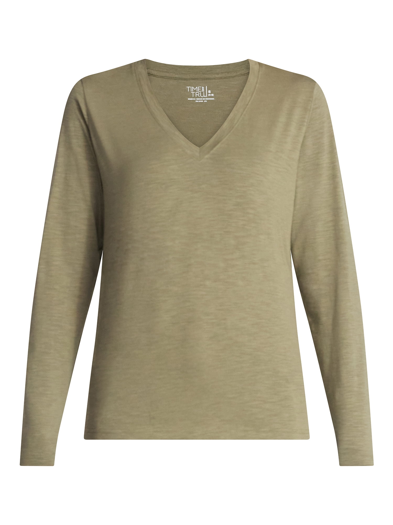 Time and Tru Women's Slub V-Neck Tee with Long Sleeves, Sizes XS-XXXL