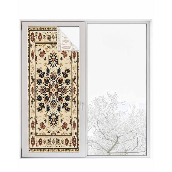 Window Privacy Film Boho Stained Glass Window Film Decorative Sun Block Window Cover Bohemian Flower Leaf Brown Tribal Patterns Ethnic Window Clings Static Adhesive Sticker for Bathroom 29.5"x78.7"