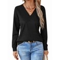 thumbnail image 2 of Blusas de Punto Gofre para Mujer, Blusas Casuales de Larga con Farol, Cuello en V, Camisetas Oversize. Negro M, 2 of 8