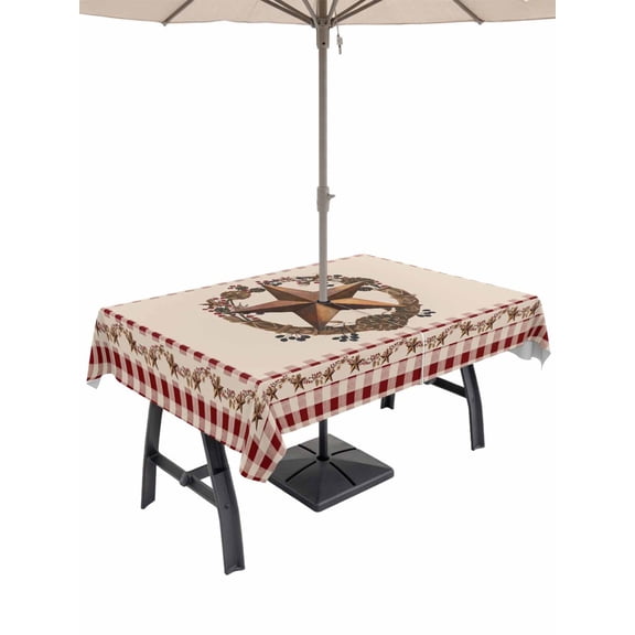 Outdoor Tablecloths with Umbrella Hole & Zipper, Western Texas Star Vintage Rectangle Tablecloth 60x120 Inch, Rustic Wreath Red Beige Plaid Waterproof Table Cloth, Patio/Pool/Picnic Table Covers