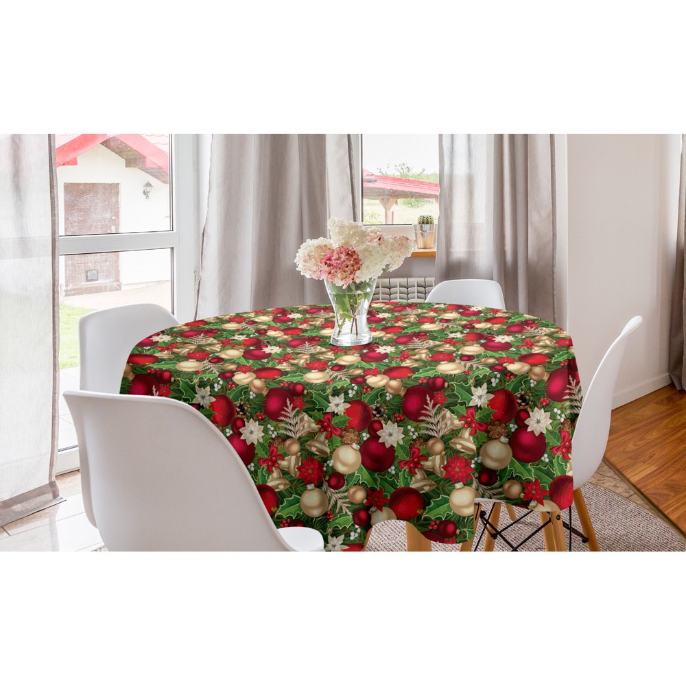 Christmas Round Tablecloth, Tree Branches Spruce Leaves Balls Bells Cones Poinsettia Flowers