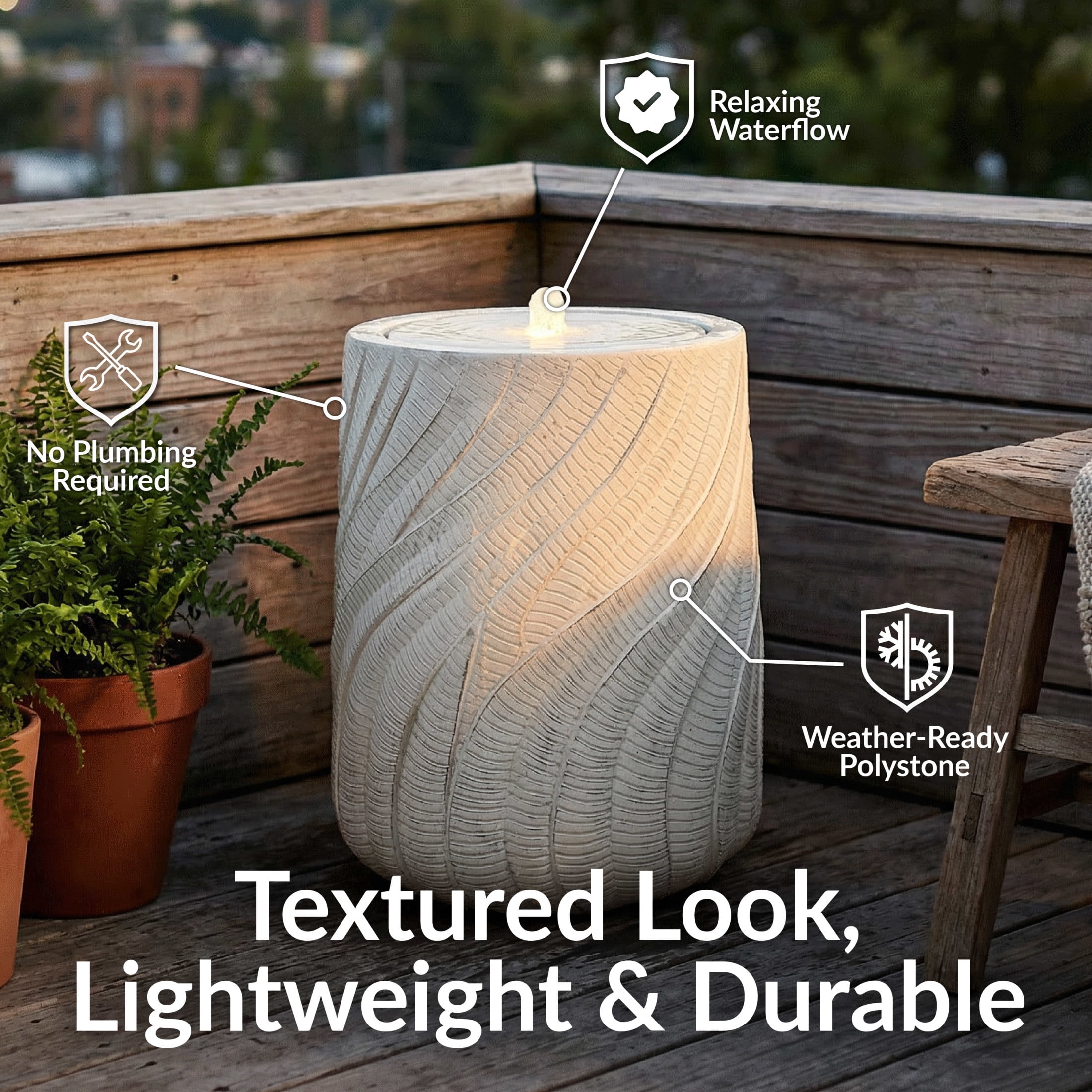 Sunnydaze Textured Spiral White Outdoor Bubble Fountain, LED Light