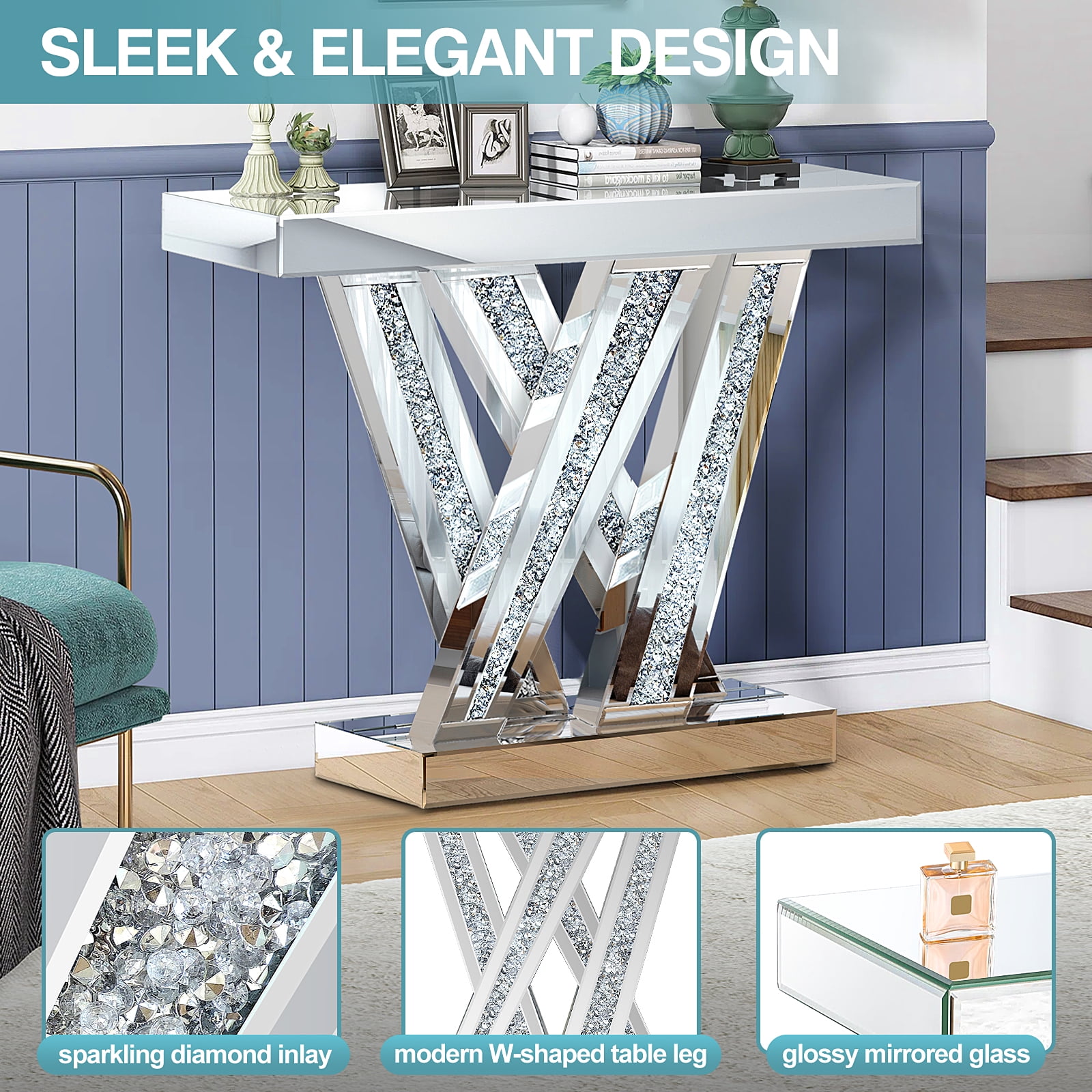 Modern Entryway Console Table with Crushed Diamond Inlay, 35" Silver Mirrored Glass Hallway Table for Entryway, Glam Decorative Sofa Tables for Living Room