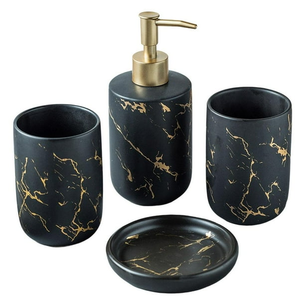 Juego de accesorios de baño de cerámica con efecto mármol, dispensador de loción y jabonera. Negro 4Pcs
