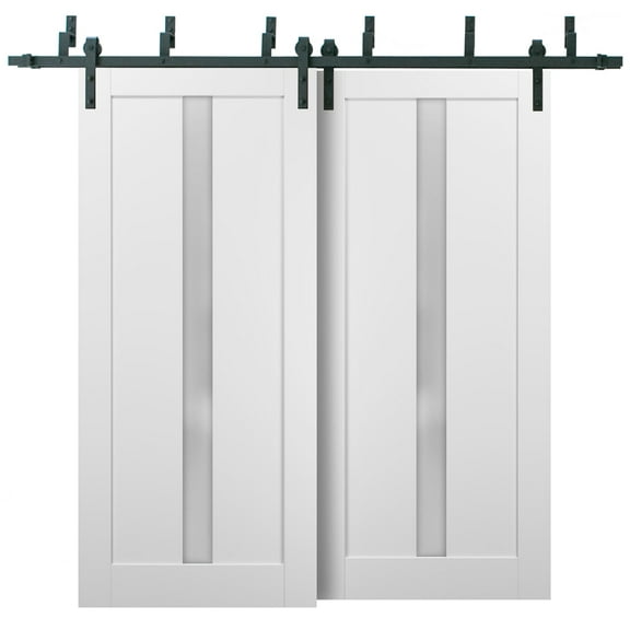 Barn Bypass Doors 48 x 80 with 6.6ft Hardware | Quadro 4112 White Silk with Frosted Opaque Glass | Sturdy Heavy Duty Rails Kit Steel Set | Double Sliding Lite Panel Door