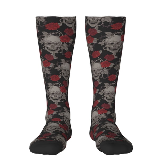 Fotbe Skull and Red Roses Calcetas Divertidas Estampadas para Hombre y Mujer, Calcetas de Algodón hasta la Rodilla para Caminar, Correr, Enfermería y Embarazo