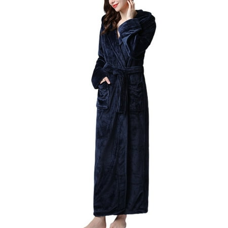 

Homgro Women s Plush Robe with Hood Ladies Soft Long Fluffy Bathrobe Hooded Winter Warm Fuzzy Fleece Full Length House Coat Maternity SPA Hotel Hot Tub Bath Kimono Robes Pockets Navy Large