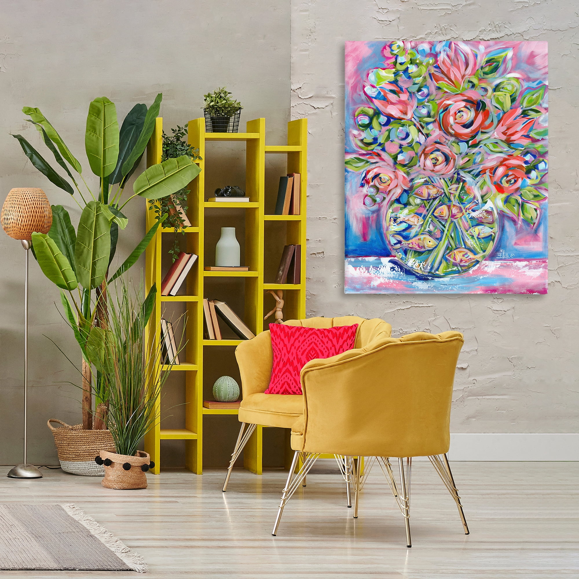 Stupell Industries Roses & Goldfish Vase Botanical & Floral Painting Gallery Wrapped Canvas Art Print Wall Art, 36 x 48