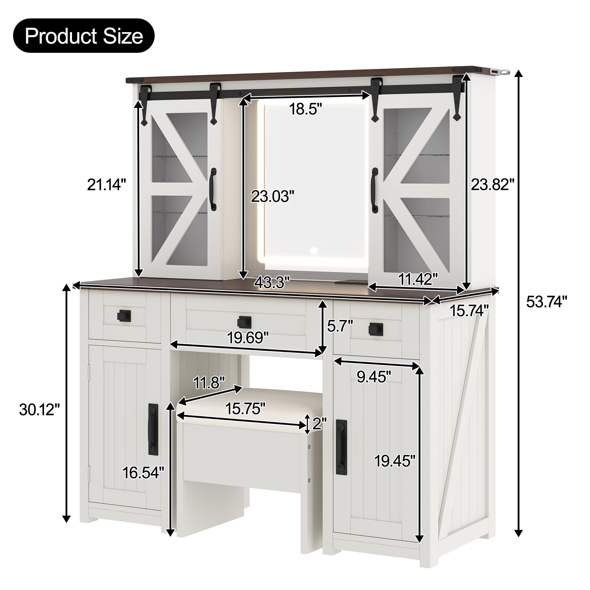 Alvantor 43.3" Makeup Vanity with Mirror and Light, Vanity Table Set with Storage Stool and Charging Station, Dressing Table with Hidden Shelves & Cabinets for Bedroom, Beige