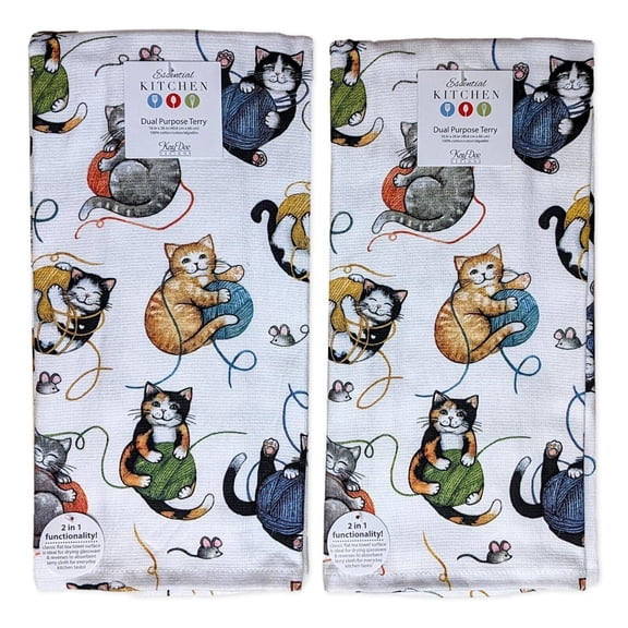 Set of 2 CURIOUS KITTENS PLAYING WITH YARN Terry Kitchen Towels, Kay Dee Designs