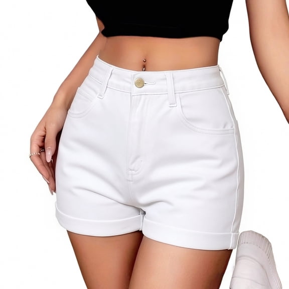 Women's High Waist Straight Leg Denim Shorts with Pockets Solid Color Cuffed Fit Jean Beach Vacation Shorts L