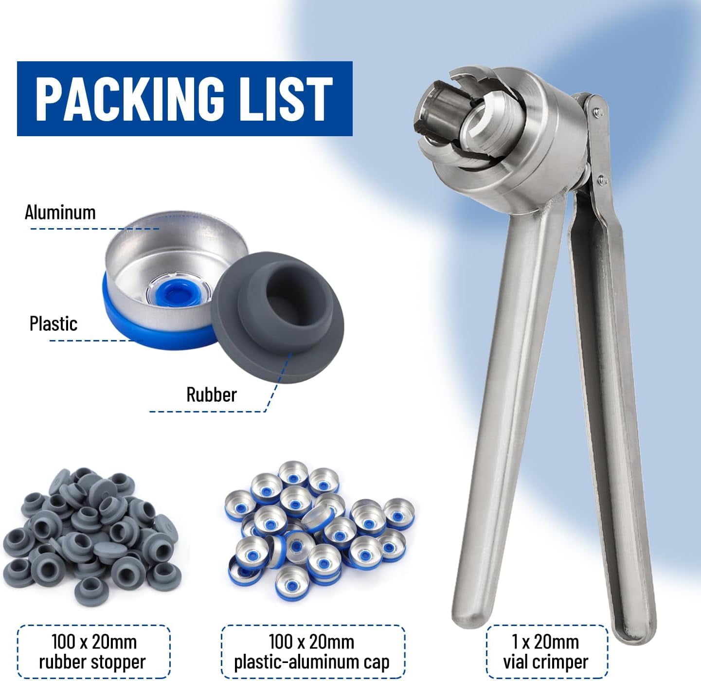 20mm Flip Vial Crimper, Manual Bottle Cap Crimping Tool With 100 Pcs Plastic-aluminum Flip Caps and 100 Pcs Rubber Stoppers, Stainless Steel Manual Crimper