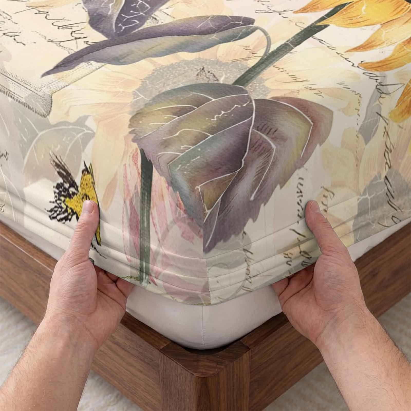 King Size Fitted Sheet Set - Sunflower Vintage 3 Piece Bedding Sets 16" Deep Pocket Fitted Sheet with 2 Pillowcases, Farmhouse Botanical Floral Butterfly Brushed Microfiber Hotel Luxury Bed Sheets