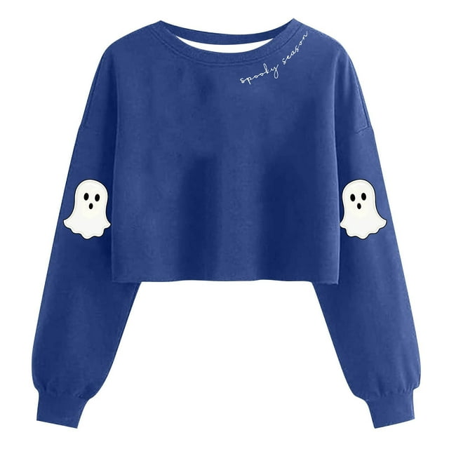 Lcziwo Chandail d'Halloween pour Femmes Court Saison Effrayante Graphique de Fantôme Chandail à Manches Longues Lanterne Col Rond Hauts Tenues Mode Automne 2025 Bleu,G