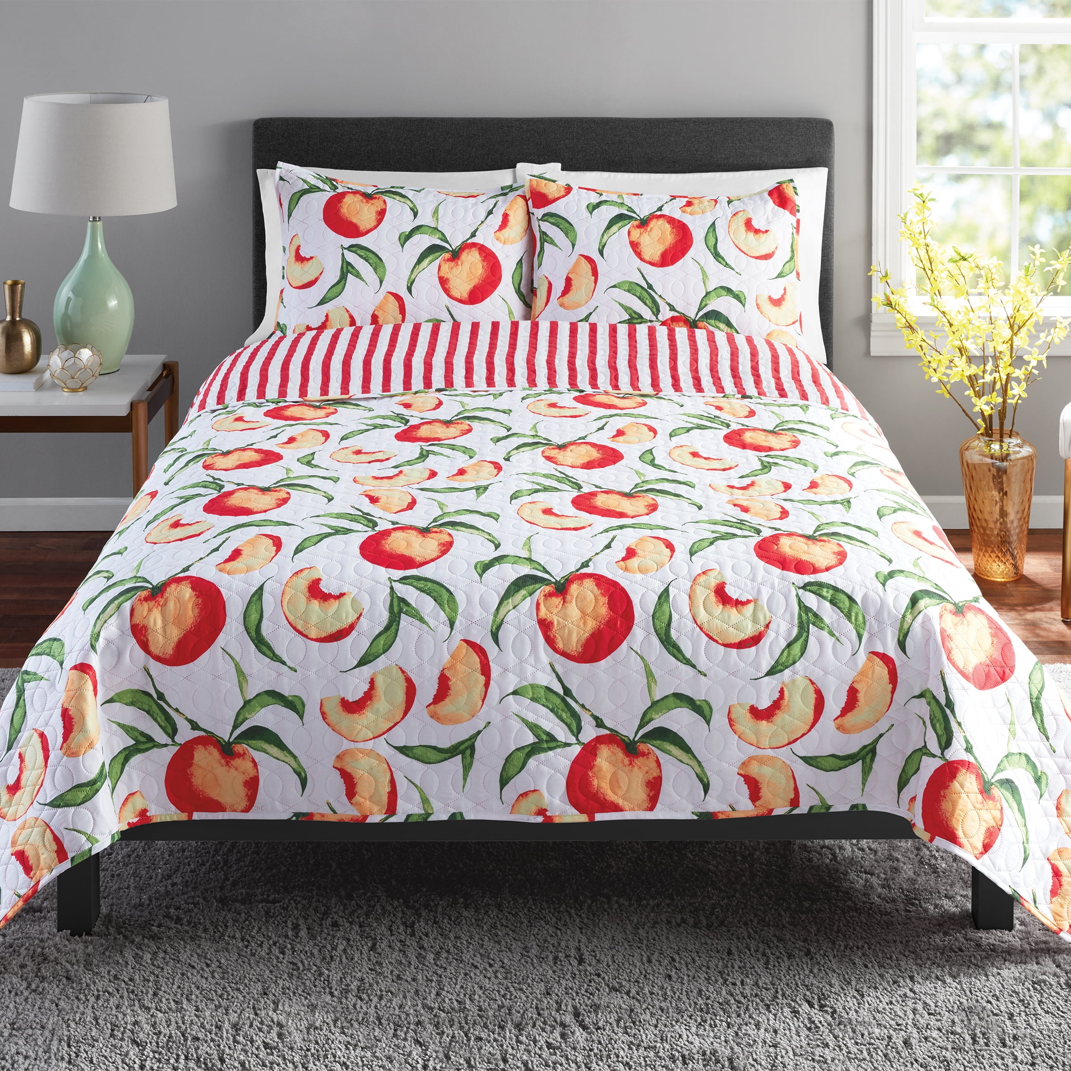 Peach Stripe Reversible Quilt Set with Tote, Mainstays, Full/Queen, 4 Pieces