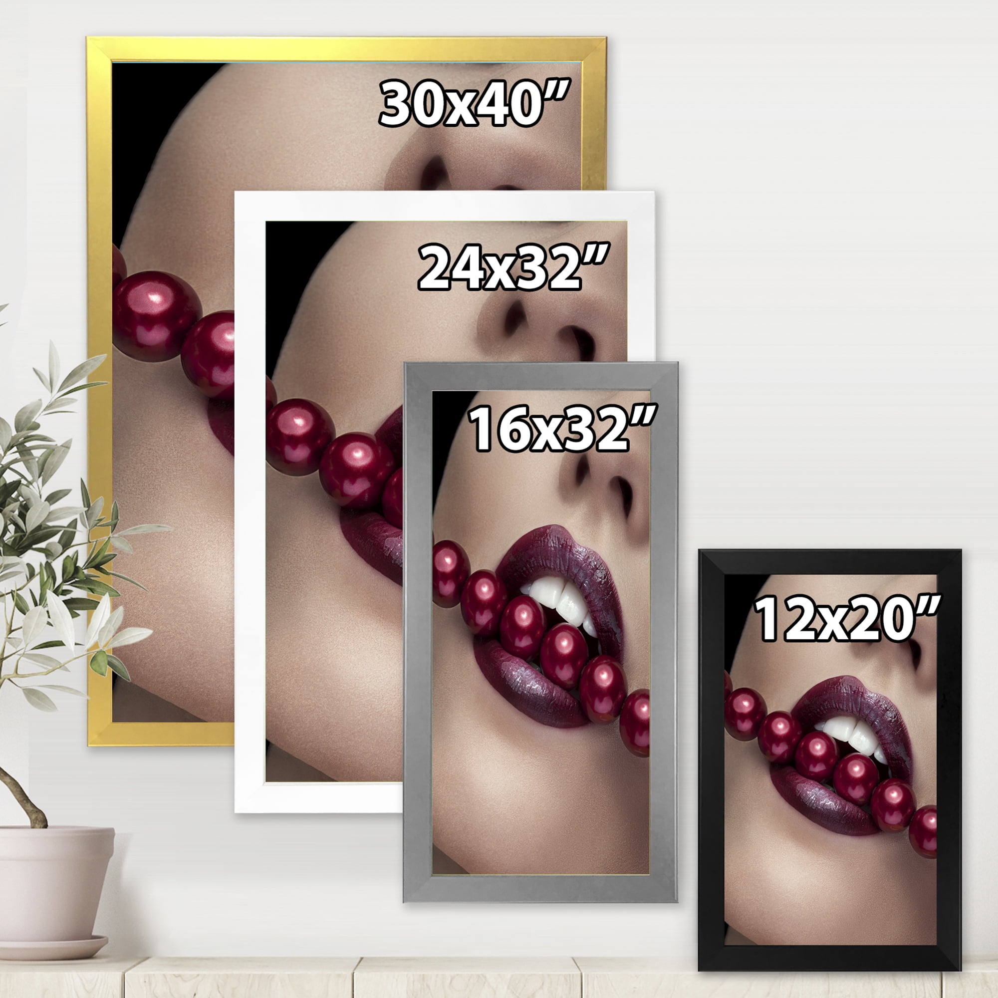 Designart 'Girl Bitting With Red Lips With Red Pearls' Modern Framed Art Print