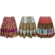 Mogul Womens Beautiful Printed Recycled Skirt Silk Sari Boho Style Gypsy Chic Comfy Skirts Wholesale Lots Of 3