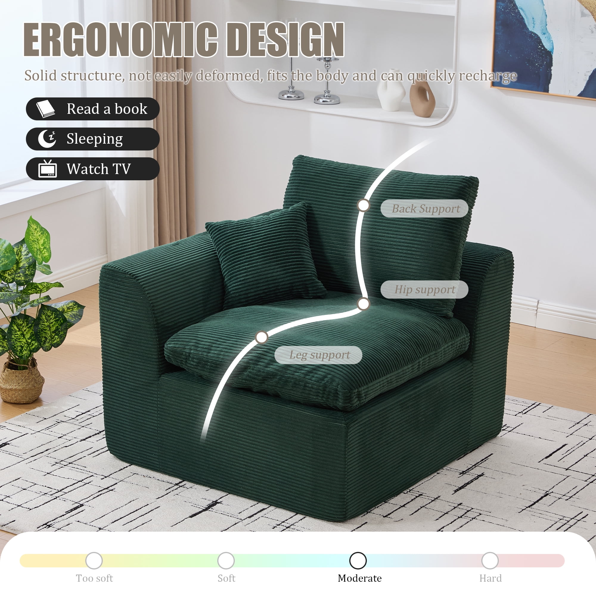 MOONMISS 80.3" Oversized Modular Sofa, Upholstered Corduroy 2 Seat Deep Seat Cloud Couch for Living Room Bedroom, No Assembly Required, Emerald