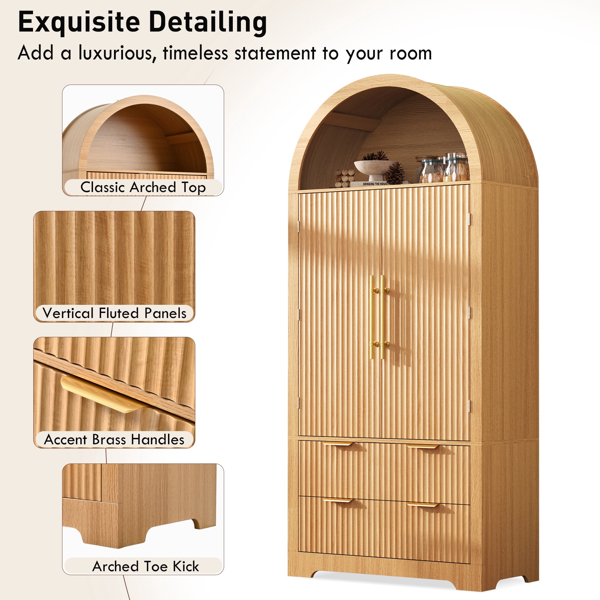 Aukfa Tall Arched Pantry Cabinet with Fluted Doors, Drawers & Adjustable Shelves for Kitchen Dining Room Storage,Natural