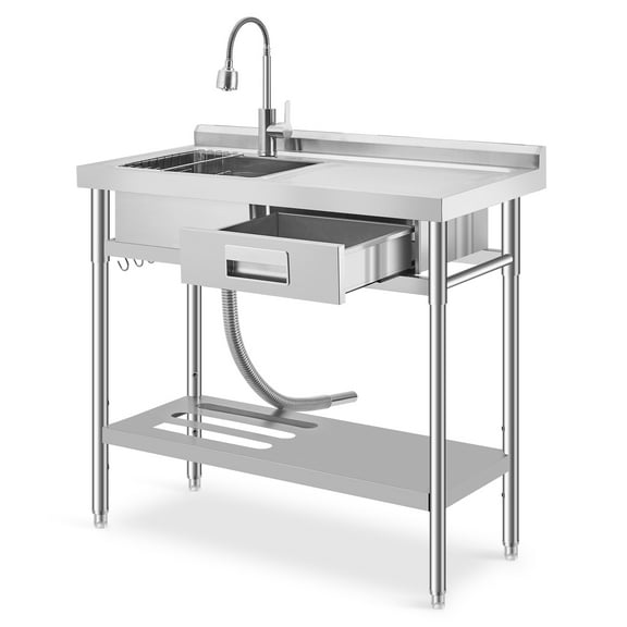 Stainless Steel Utility Sink with Faucet - Freestanding Single Bowl Sink for Commercial Kitchen, Laundry, Garage, Shop, Patio, Outdoor Prep & Wash Sink with Shelf