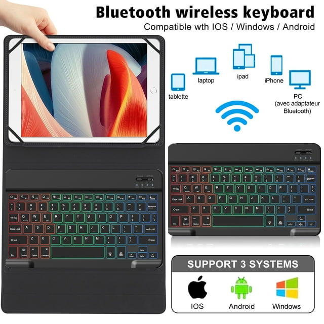 yeacher Étui Clavier Universel Bluetooth pour Tablettes de 9 à 11 Pouces avec Pavé Tactile Rétroéclairé RVB et Support Multifonction