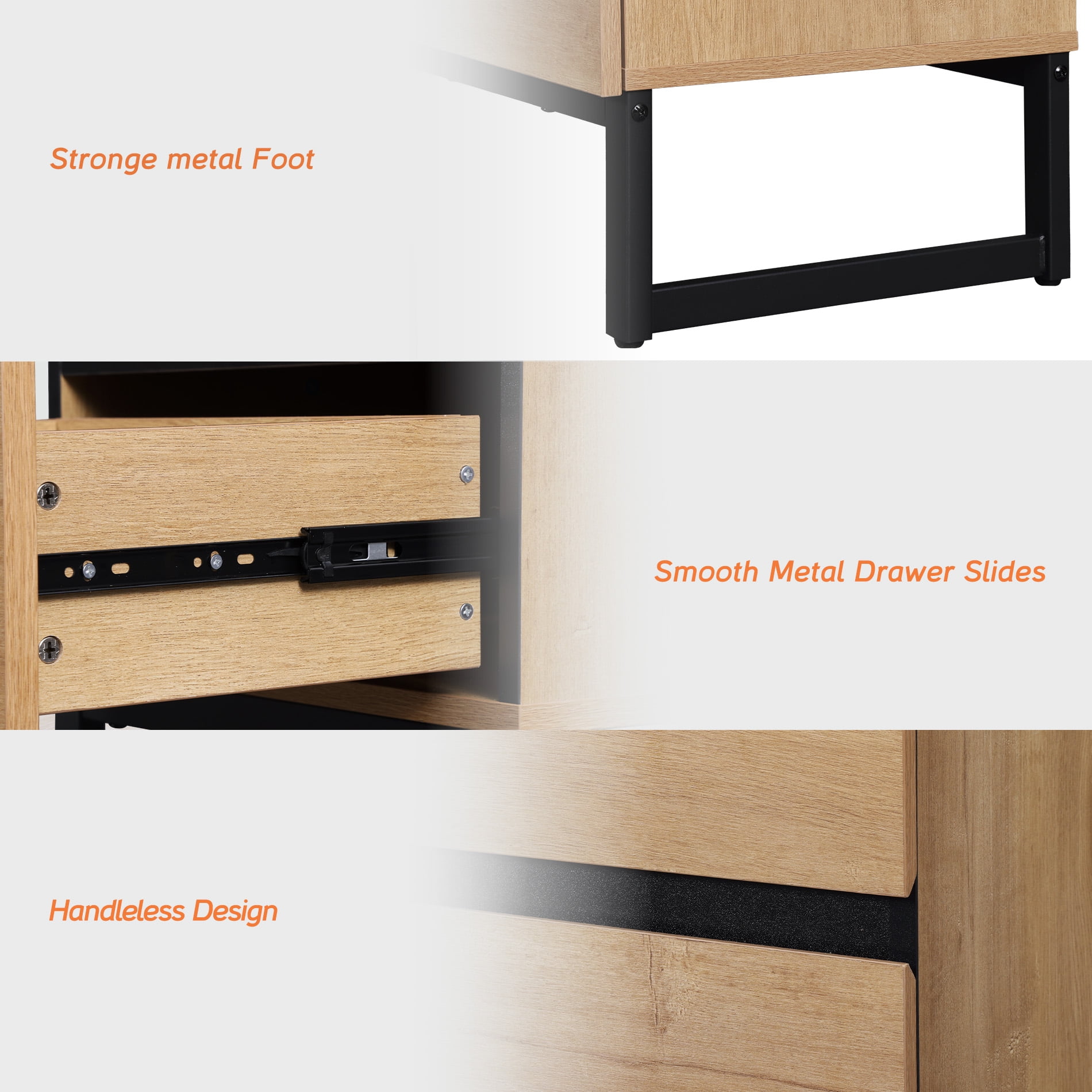 WAMPAT Modern Bedside Table for bedroom, Nightstand with 2 Drawers and Black Square Iron Leg, Wood Rustic Side End Table for living Room
