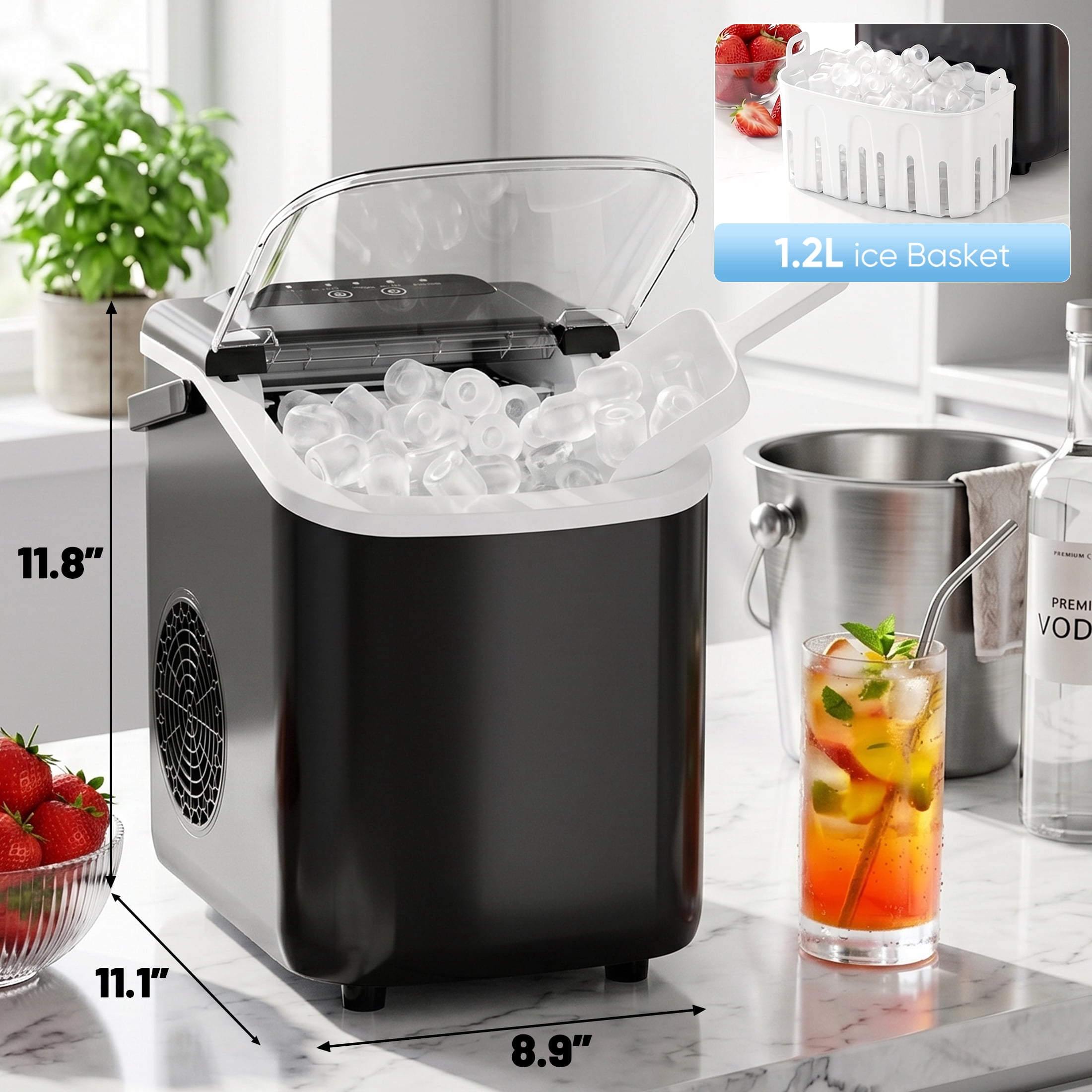 edx Ice Maker, Self-Cleaning Countertop Ice Maker, with Handle & Ice Scoop, 9 Bullet Cubes in 6~8 Mins, 26lbs Daily, Black