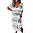 thumbnail image 1 of QIPOPIQ Robes pour Femmes Longues Fluides Robe à Étages Manches Courtes Col en V Imprimé à Rayures Robe d'Été Douce Robe de Bureau Élégante Confortable Offres 2023, 1 of 6