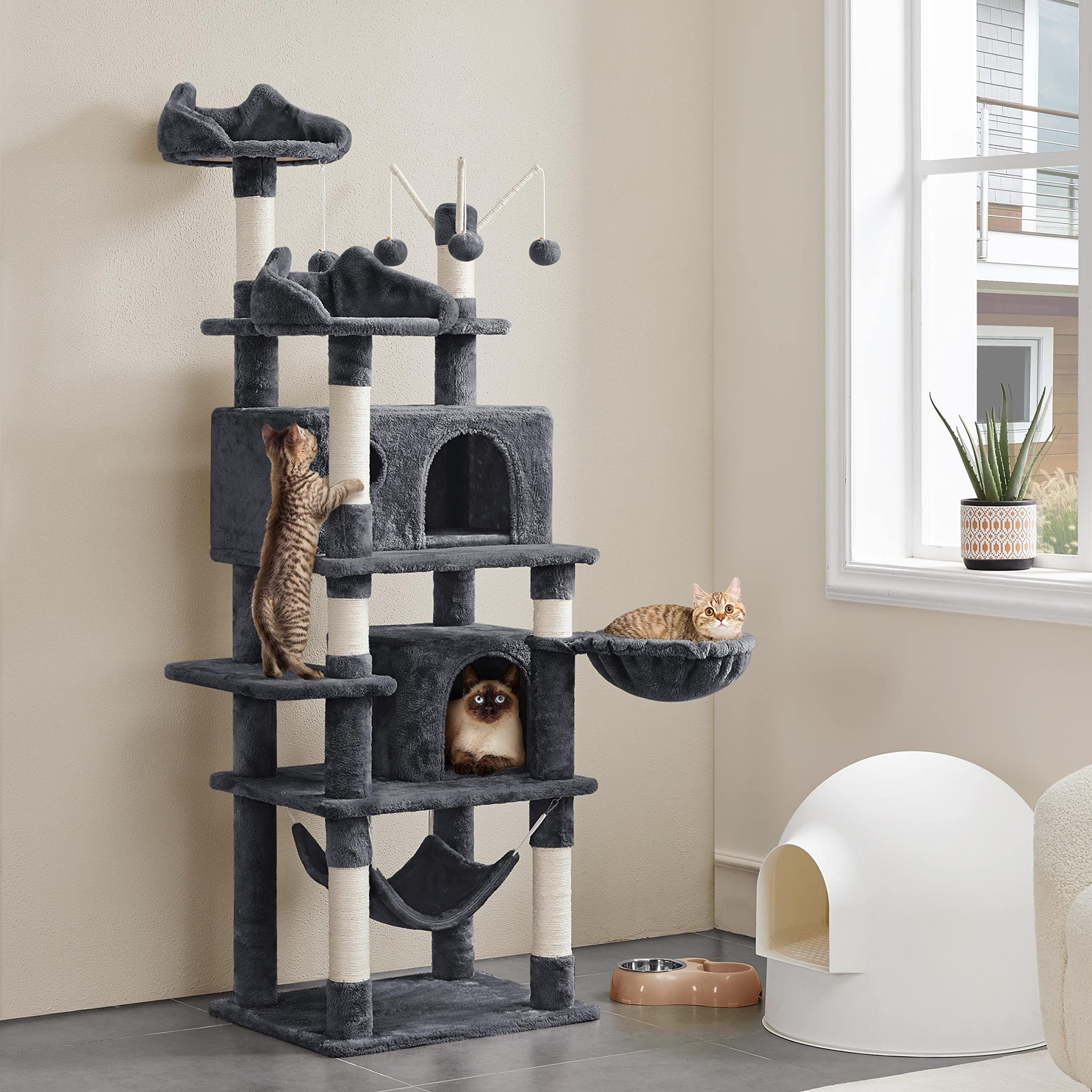 Cat Tree for Indoor Cats 67in Tall, Multi-Level Cat Tower with Condos Scratching Posts Hammock Basket Dangling Toys, Playhouse for Kittens Adult Cats, Dark Gray