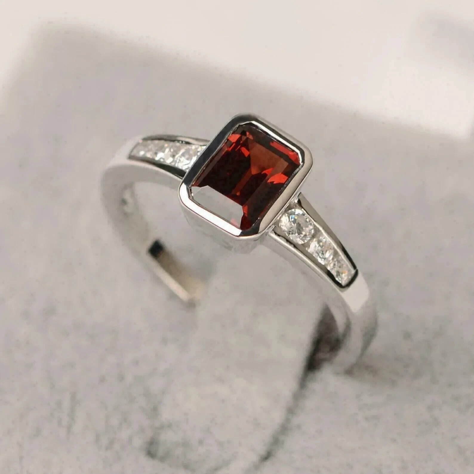 2CT Emerald Cut Simulated Red Garnet Women's Engagement Gift Ring 14K White Gold Plated