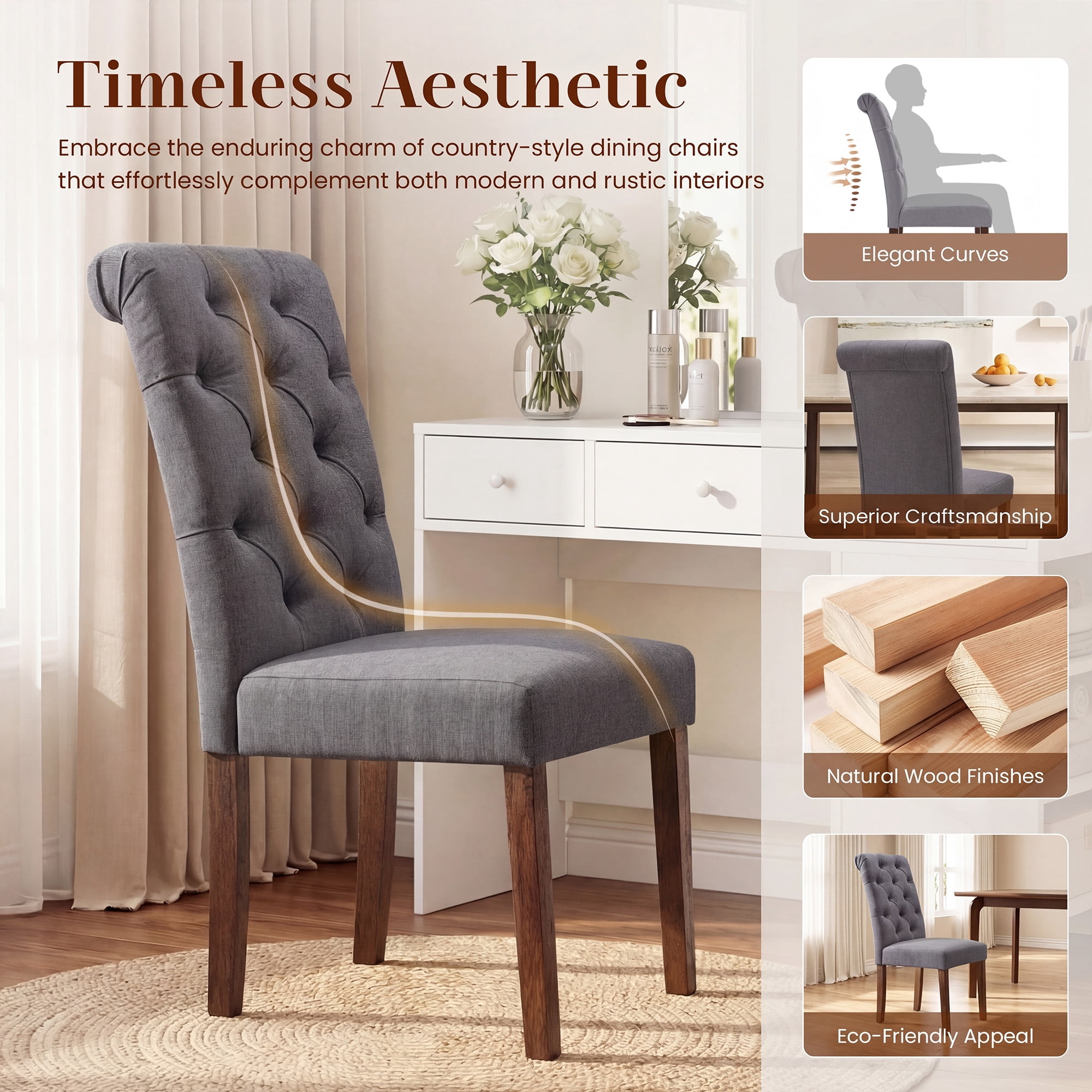 Upholstered Parsons Dining Chairs Set of 4, Button Tufted Kitchen Side Chair for Dining Room, Grey