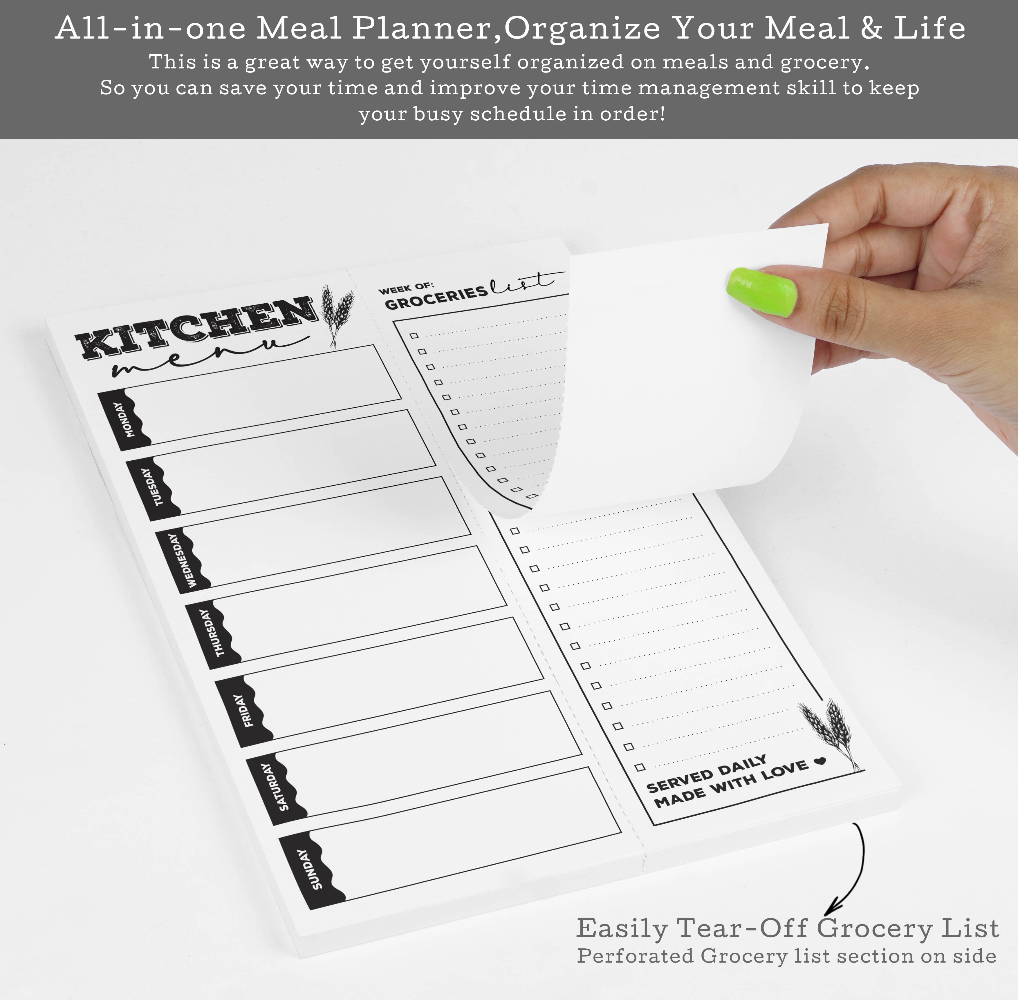 Inkdotpot Weekly Meal Planner Notepad 7"x10 , "Kitchen Menu" Magnetic Meal Planning Pad with Tear Off Grocery Shopping List for Fridge- Kitchen & Home - 54 Sheets -3R