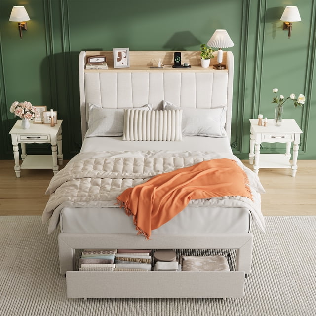 Twin Size Upholstered Platform Bed Frame with Storage Headboard, Drawers & Built-in USB Charging Station, No Box Spring Needed, Easy Assembly, Modern Linen, Beige