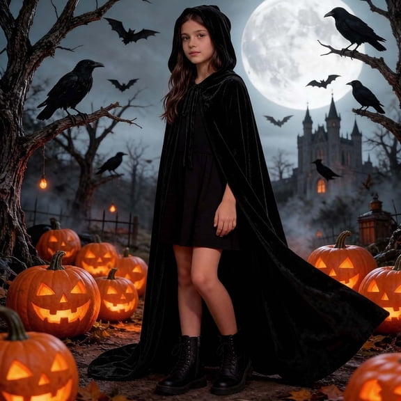 dazeni Kids Velvet Hooded Cloak Boys Girls Full Length Medieval Cape Oversized Hood Cover up for Halloween Role Play in Party Outfits Black 2-3 Years