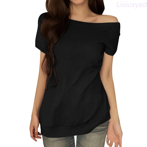 Lixiuxyad Womens Off The Shoulder Tops Summer Casual Short Sleeve T Shirts Blouse Basic Tee,Black L