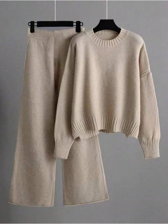 Women's Long Sleeve Knit Sweater Top & Pants Two Piece Set