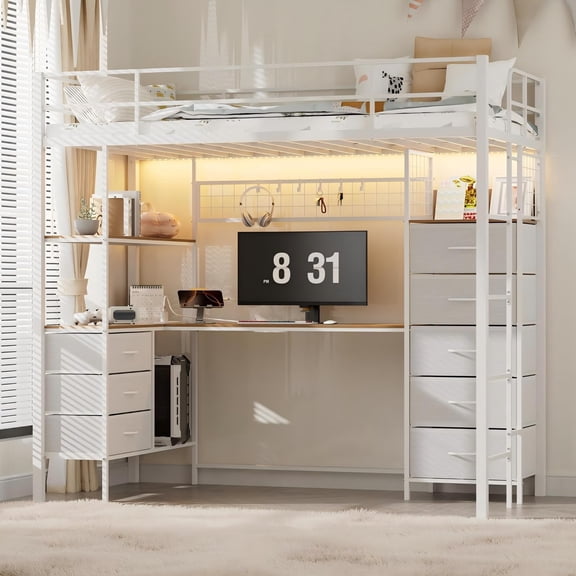 WARAYZ Metal Twin Loft Bed with L-Shaped Desk, LED Lights and Charging Station, 8 Drawers and Shelves, Guardrails and Ladder, White