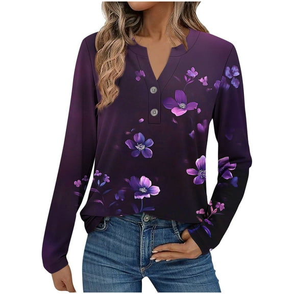 Perfectbot Womens Tops Fashion Flower Printed Long Sleeve Fall Shirts V Neck Casual Tunic Blouse