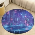 thumbnail image 4 of City Neon Streetview Night at Night Soft Bedroom Round Area Rug, Washable Cute Nursery Circle Throw Mat, Non-Slip Contemporary Small Low Pile Floor Carpet for Dorm Bedside, 4 of 6