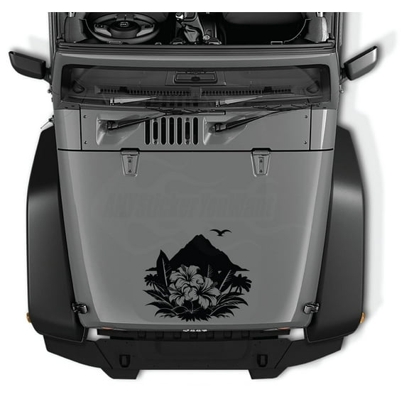 AnyStickerYouWant - Volcano View Hawaiian Hibiscus Flower Vinyl Hood Decal Sticker, 22" Tall Hibiscus Vinyl Hood Decal/Car Window Stickers - Fits on & Compatible with Jeep Wrangler & Jeep Gladiator