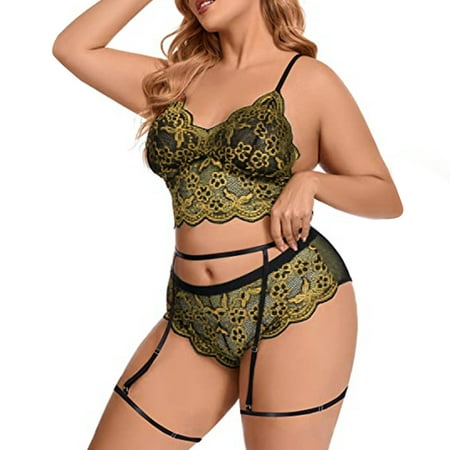 

QWERTYU Womens Bralette Plus Size Lingerie Lace Sexy Lingerie Set Teddy Babydoll Bra and Panty Sets with Garter Yellow XL