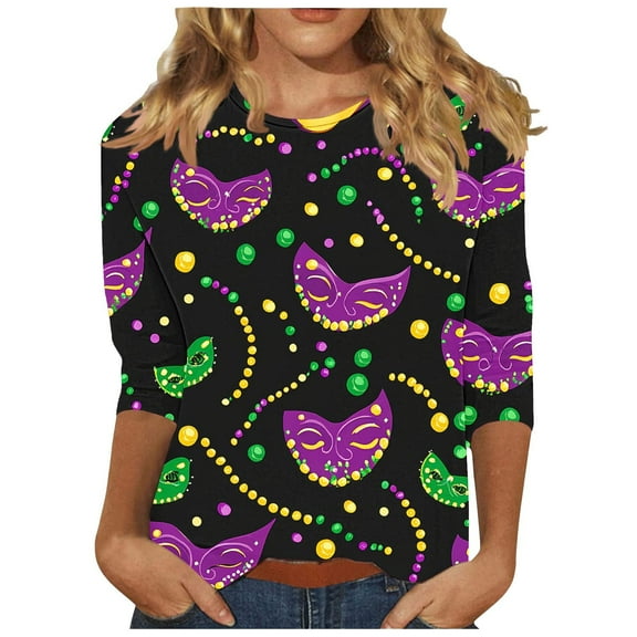 Tnhcen Women's Plus Size Carnival Print Crewneck 7/8 Sleeve T-Shirt - Spring and Fall Essentials Loose Fit S-5XL Casual Shirts Carnival Parade Outfit Mardi Gras Party Attire