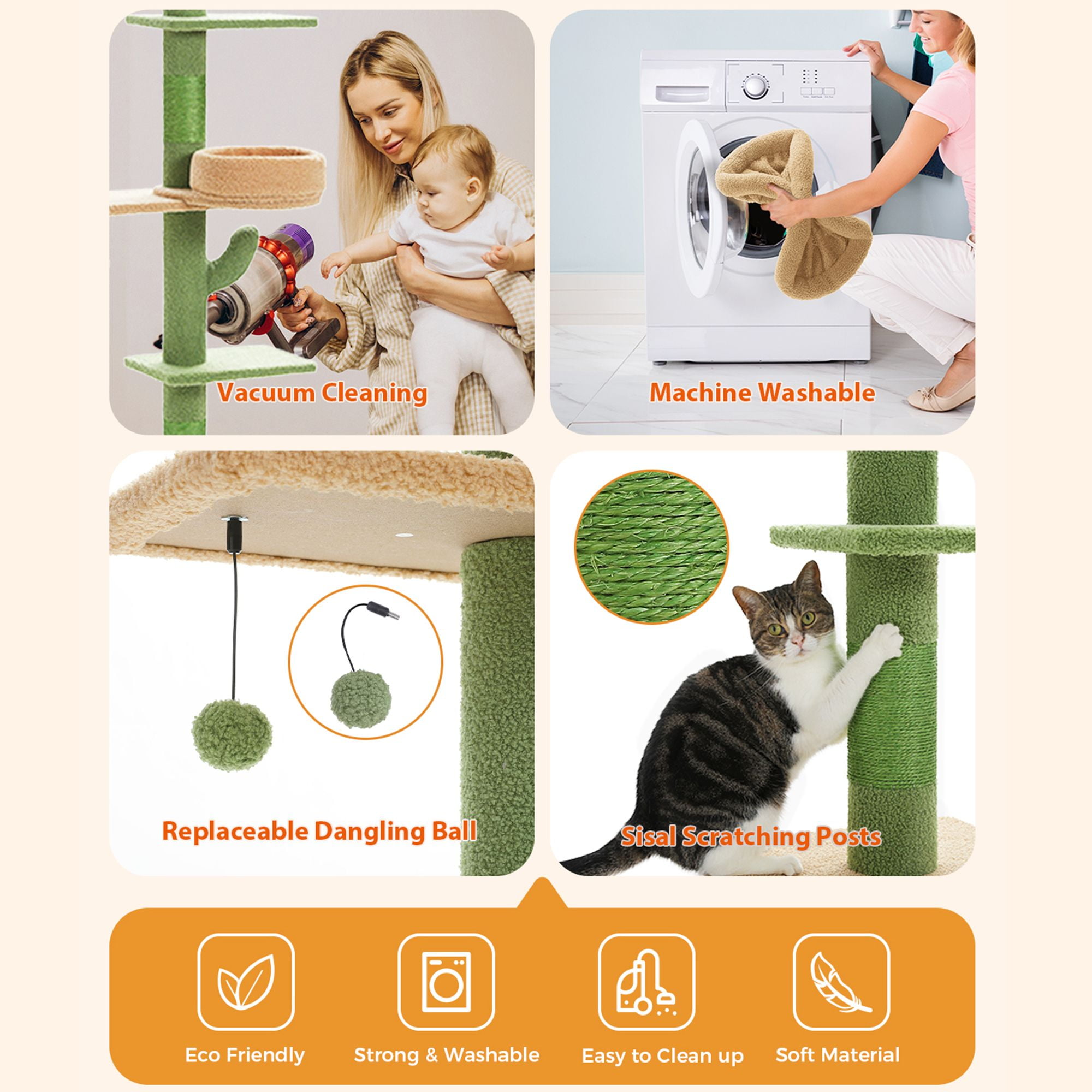 Kadyn (87"-100") Height Adjustable Floor to Ceiling Cat Tree, 5 Levels Cactus Cat Tower with Cat Perch and Hammock, Cat Climbing Activity Center, Green