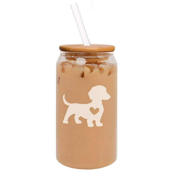 16oz Can Shaped Glass Iced Coffee Cup with Bamboo Lid and Straw Gift Cute Dachshund With Heart