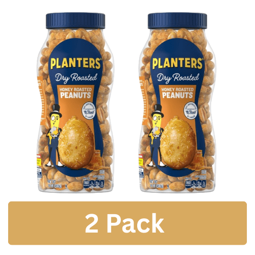 PLANTERS Honey Roasted Peanuts, Party Snacks, Plant-Based Protein, 16 oz Jar (2 pack)