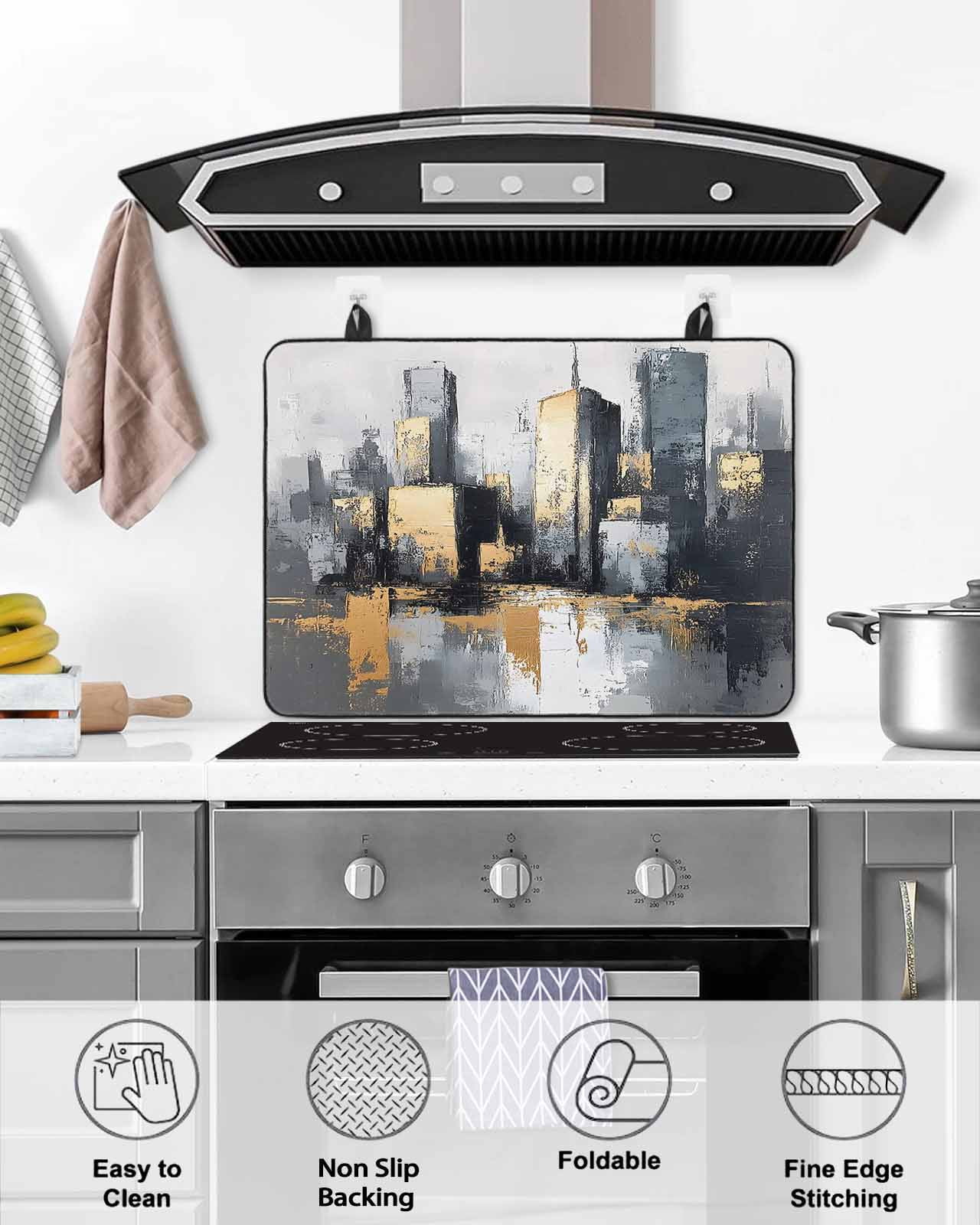 nqOlkjepod Large Induction Cooktop Protector Mat 24"x21", Vintage Building Stove Top Covers for Electric Stove, Modern Abstract Ombre City Oil Painting Stove Burner Cover Mats, Glass Top Stove Cover