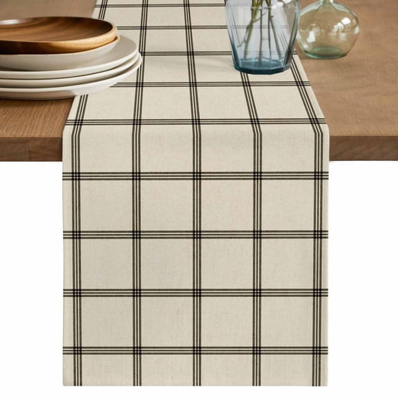 Table Runner 60 Inches Long for Kitchen Dining, Linen Buffalo Check Dresser Scarf Farmhouse, Dining Table Decorations for Wedding/Parties, Retro Black Lines Grid Pattern 13 x 60 In