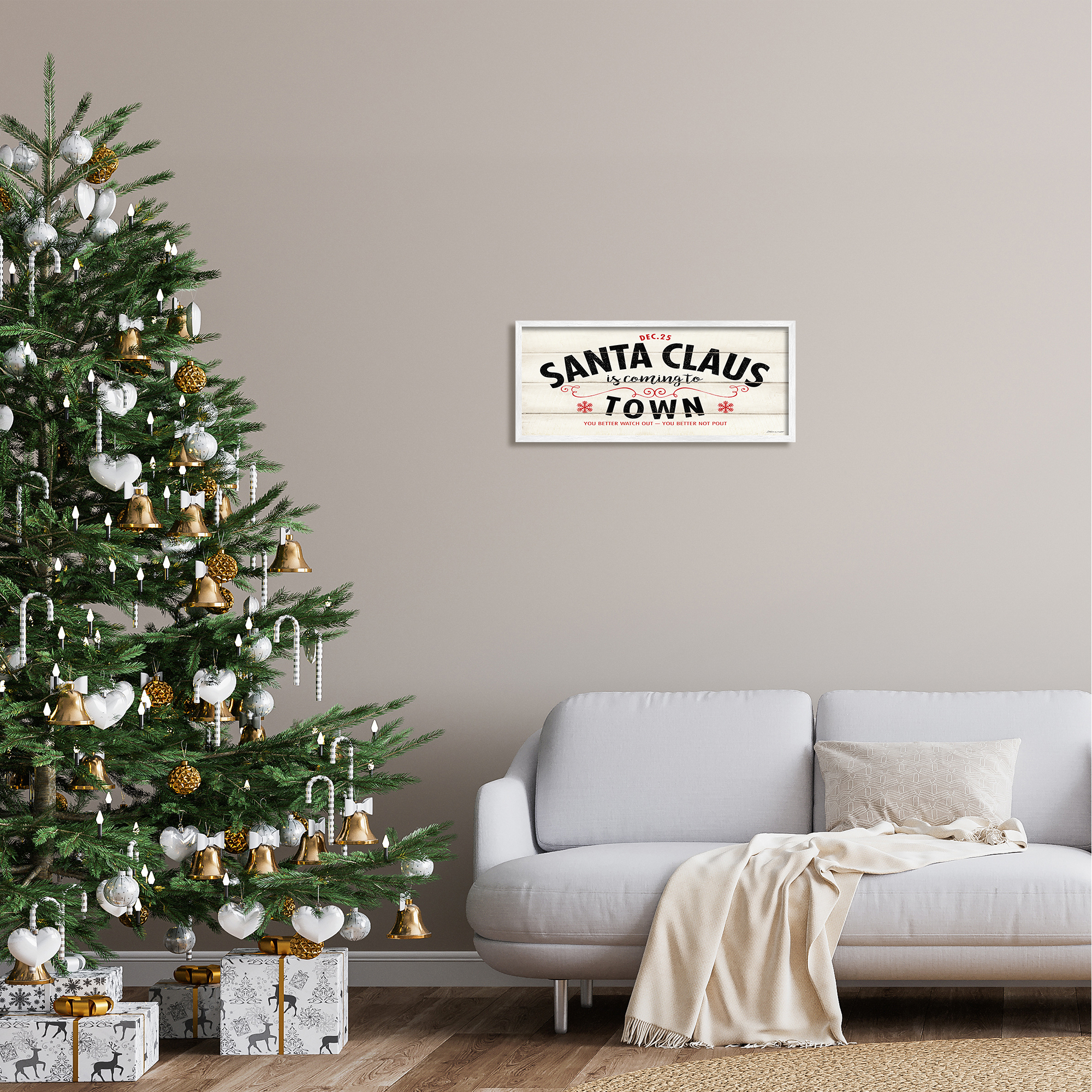 Stupell Industries Santa Claus Coming To Town Rustic Holiday Painting White Framed Art Print Wall Art
